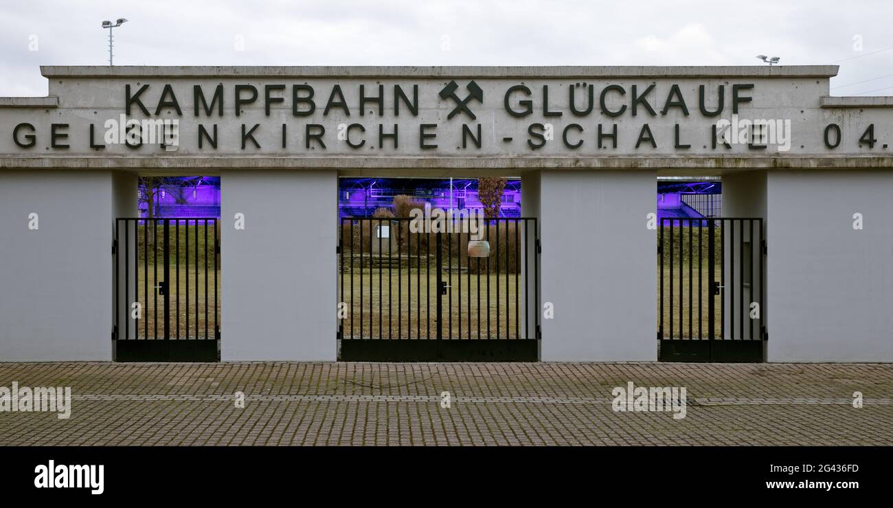 Historic entrance portal of the Glueckauf Kampfbahn, Schalke, district of Gelsenkirchen, Germany Stock Photo