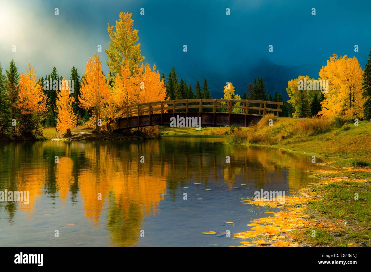 Landscape with bridge across lake and trees in autumn colors, Cascade Ponds, Banff National Park, Alberta, Canada Stock Photo