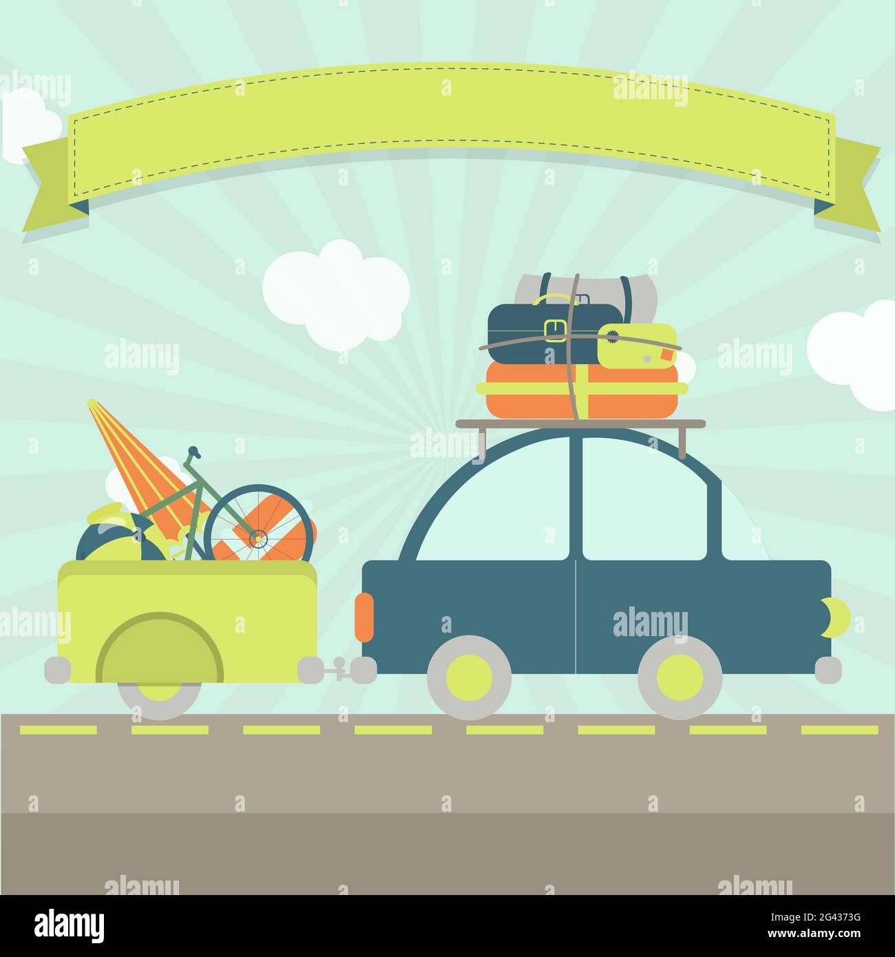 A car with luggage trailer, many bags and a ribbon for insert text. Stock Vector
