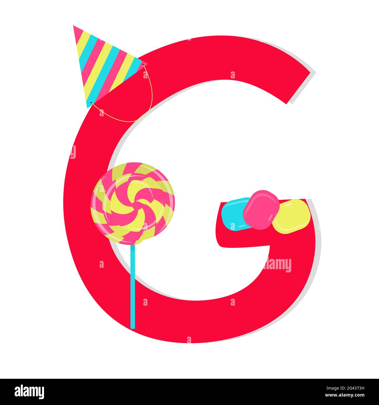 Letter &ldquo;g&rdquo; from stylized alphabet with candies: lollipop, tablets candy