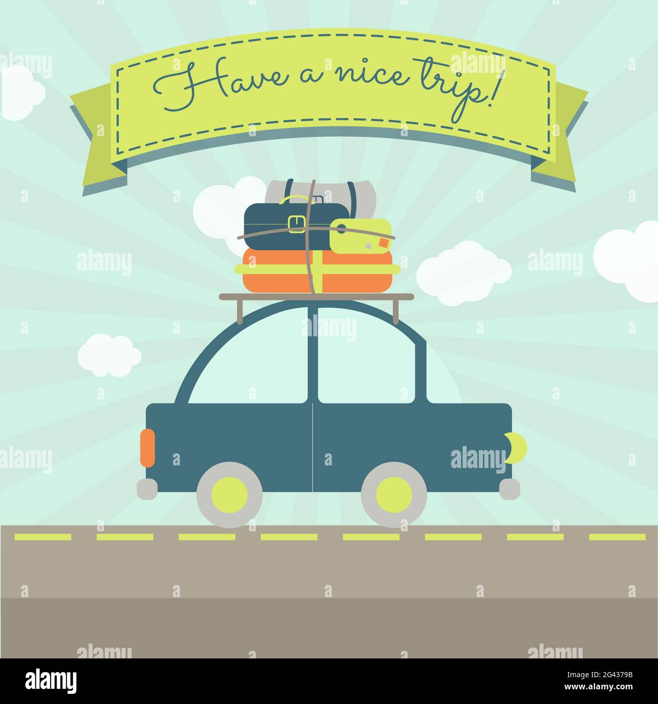 A car with luggage and a ribbon with the text 'Have a nice trip' Stock Vector