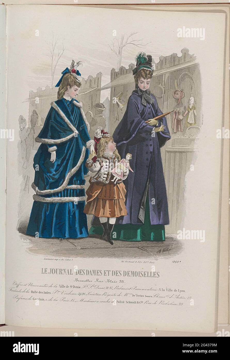 Journal des Ladies et des Demoiselles, 15 Novembre 1872:. Two ladies and a  girl of approx. 8 years, walking along a toy stall. The woman left is a  costume of velvet, trimmed