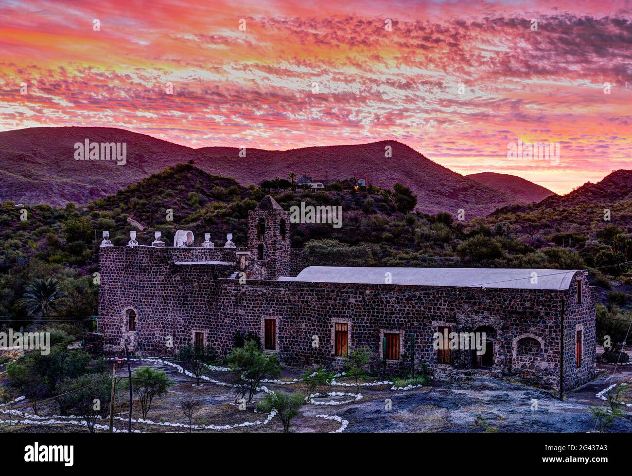 Overview of building of Mission Santa Rosalia de Mulege at sunset, Mulege, Baja California Sur, Mexico Stock Photo