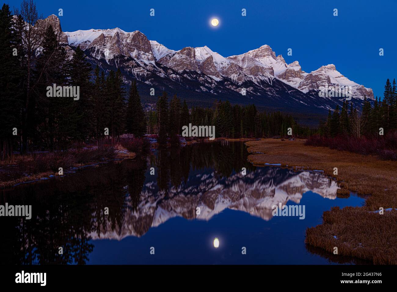 Landscape with mountains and Policeman Creek, Canmore, Alberta, Canada Stock Photo