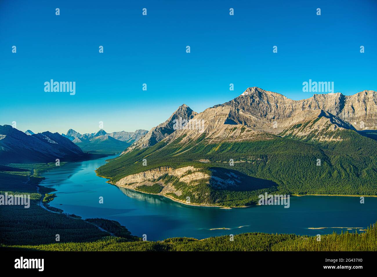 Aerial view of Spray Lakes Reservoir and Canadian Rockies, Alberta, Canada Stock Photo