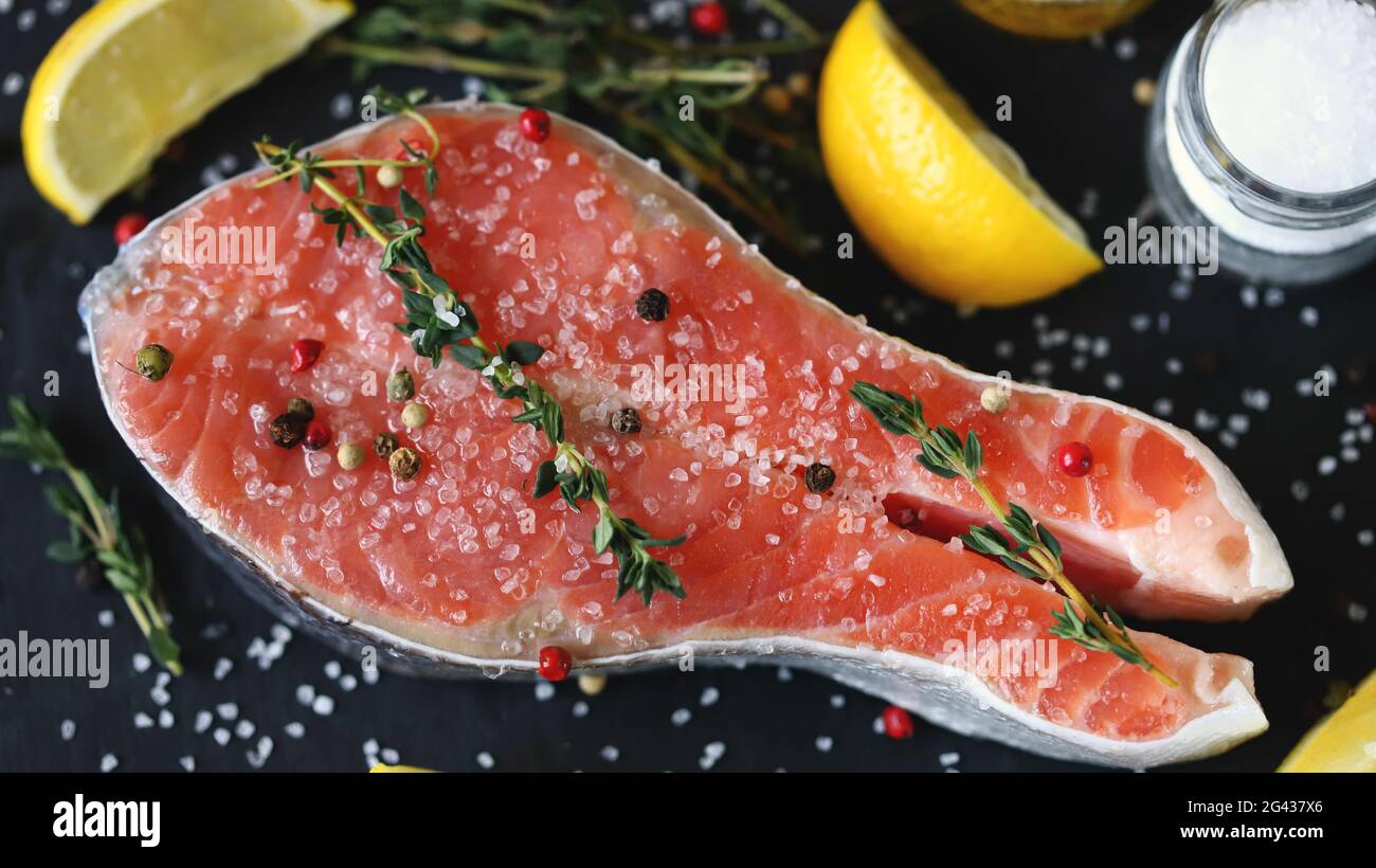 Salmon steak salted. Red fish. Healthy food omega 3. Keto diet. Stock Photo