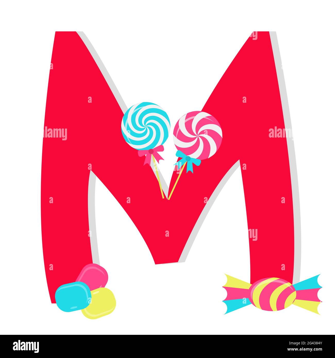 Letter 'm' from stylized alphabet with candies: lollipop, tablets candy, Candy wrapped. White background. Stock Vector