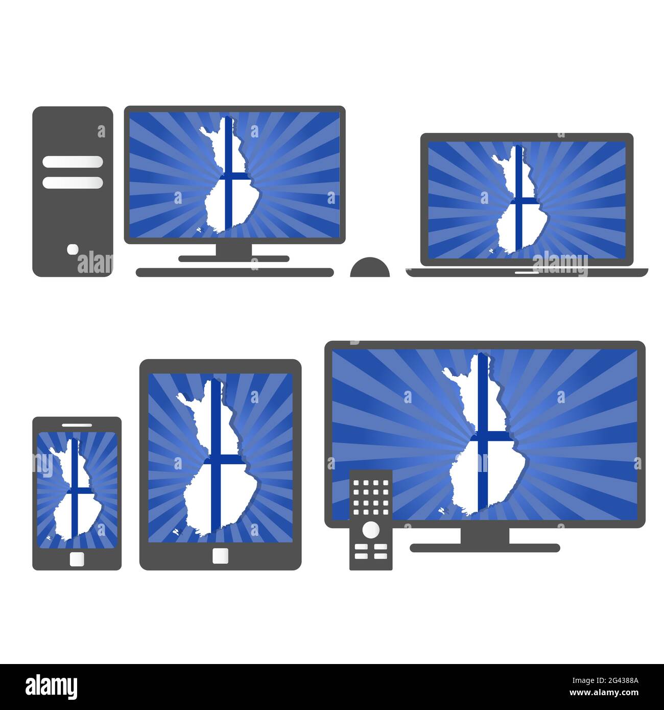 Many device media (tablet, pc, cellphone, laptop, smart tv) with the map and flag of Finland Stock Vector