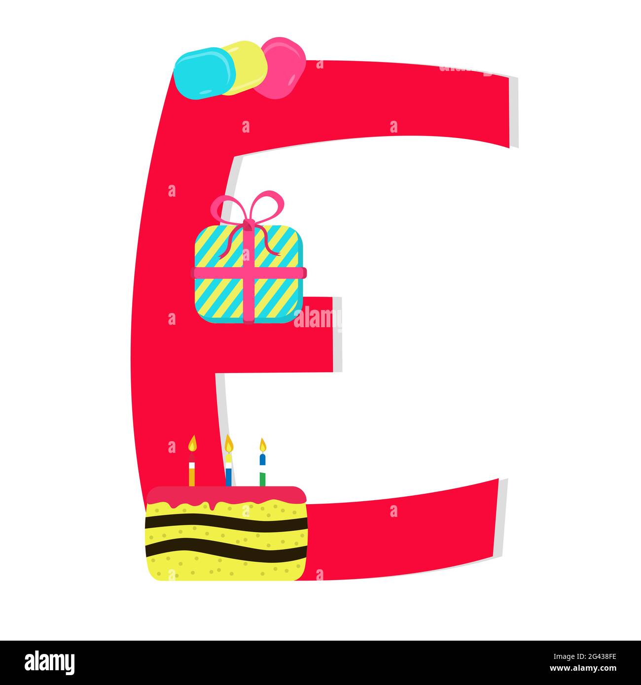 Letter "e" from stylized alphabet with candies: tablets candy, gift, bithday cake. White background. Stock Vector