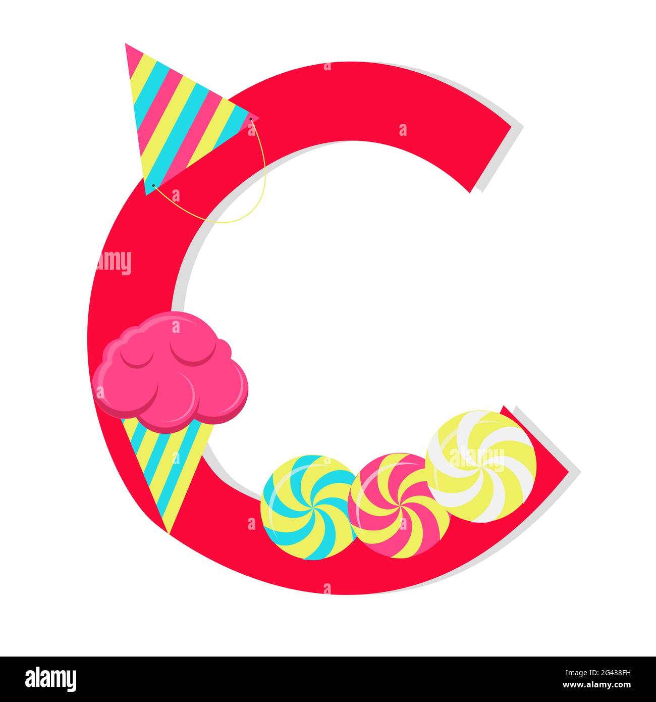 Letter 'c' from stylized alphabet with candies: ice cream, Peppermint Candy, bithday hat. White background. Stock Vector