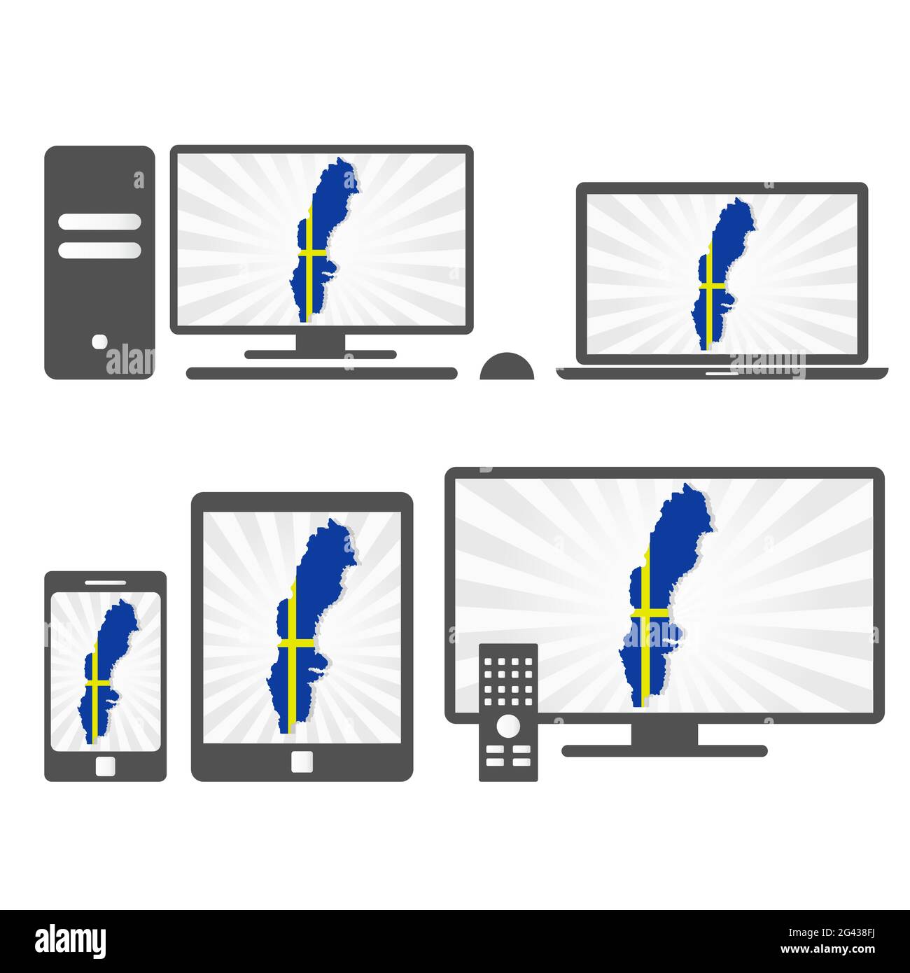 Many device media (tablet, pc, cellphone, laptop, smart tv) with the map and flag of Sweden. Stock Vector