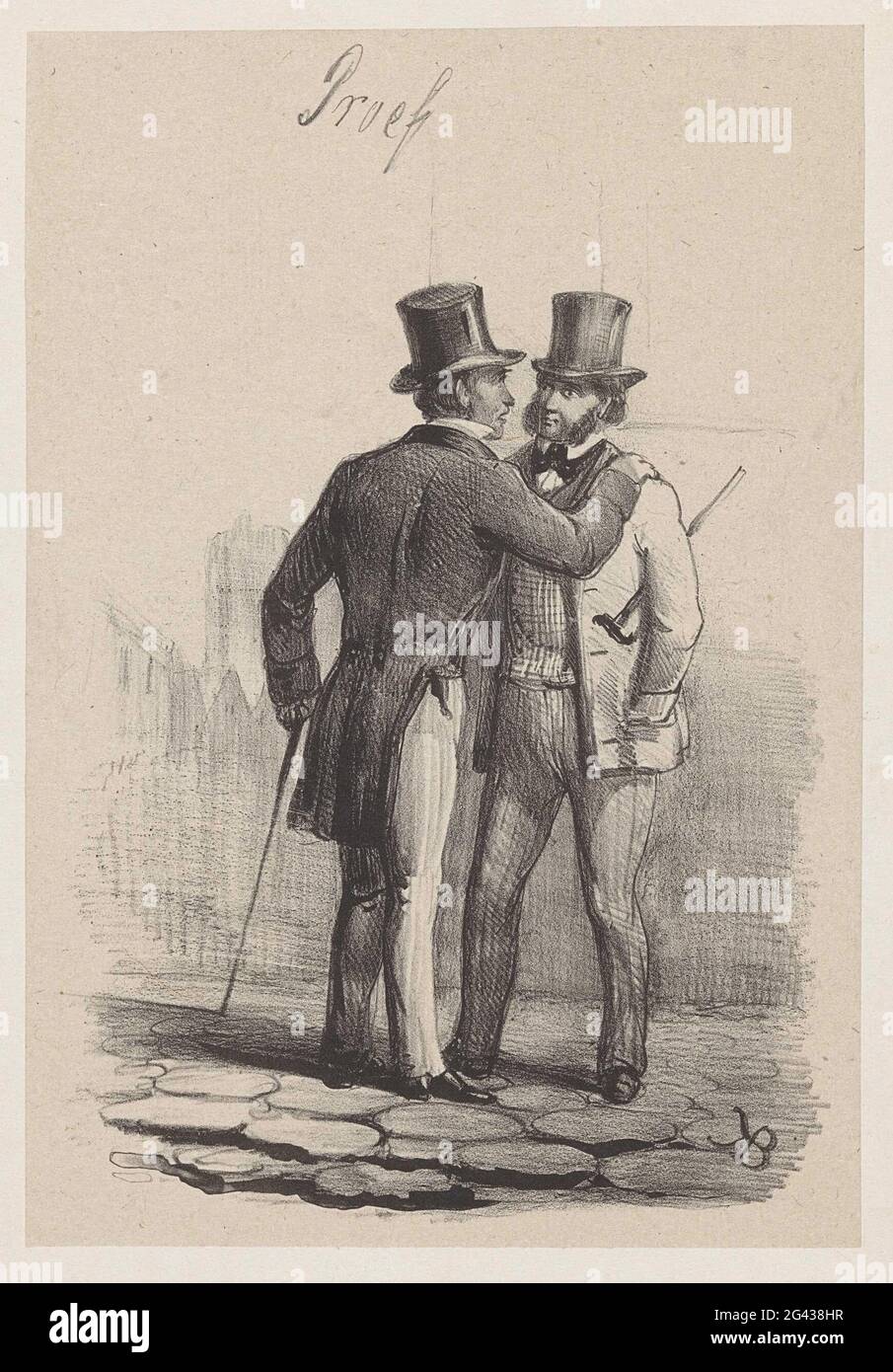 Two men in conversation. The men face each other on the street and both ...