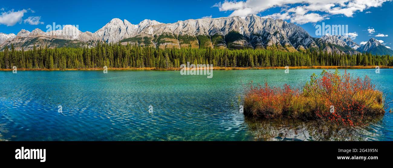 Landscape with mountains, forest and Spillway Lake, Alberta, Canada Stock Photo