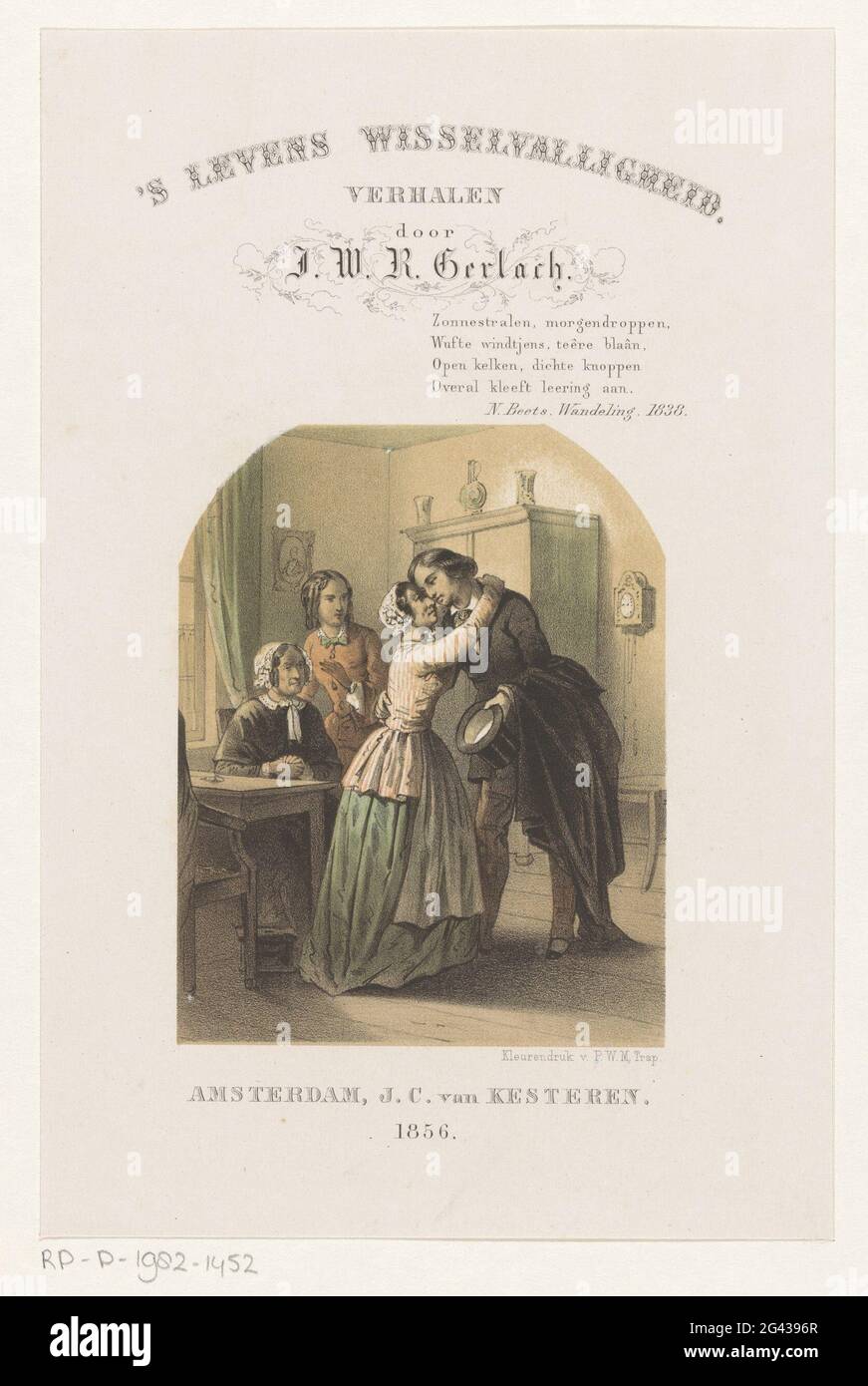 Embracing woman and man; Title page for: j.w.r. Gerlach, 's lives of volatility, 1856. A man and older woman embrace each other. Left watch a sitting old woman and a young woman to the couple. Stock Photo