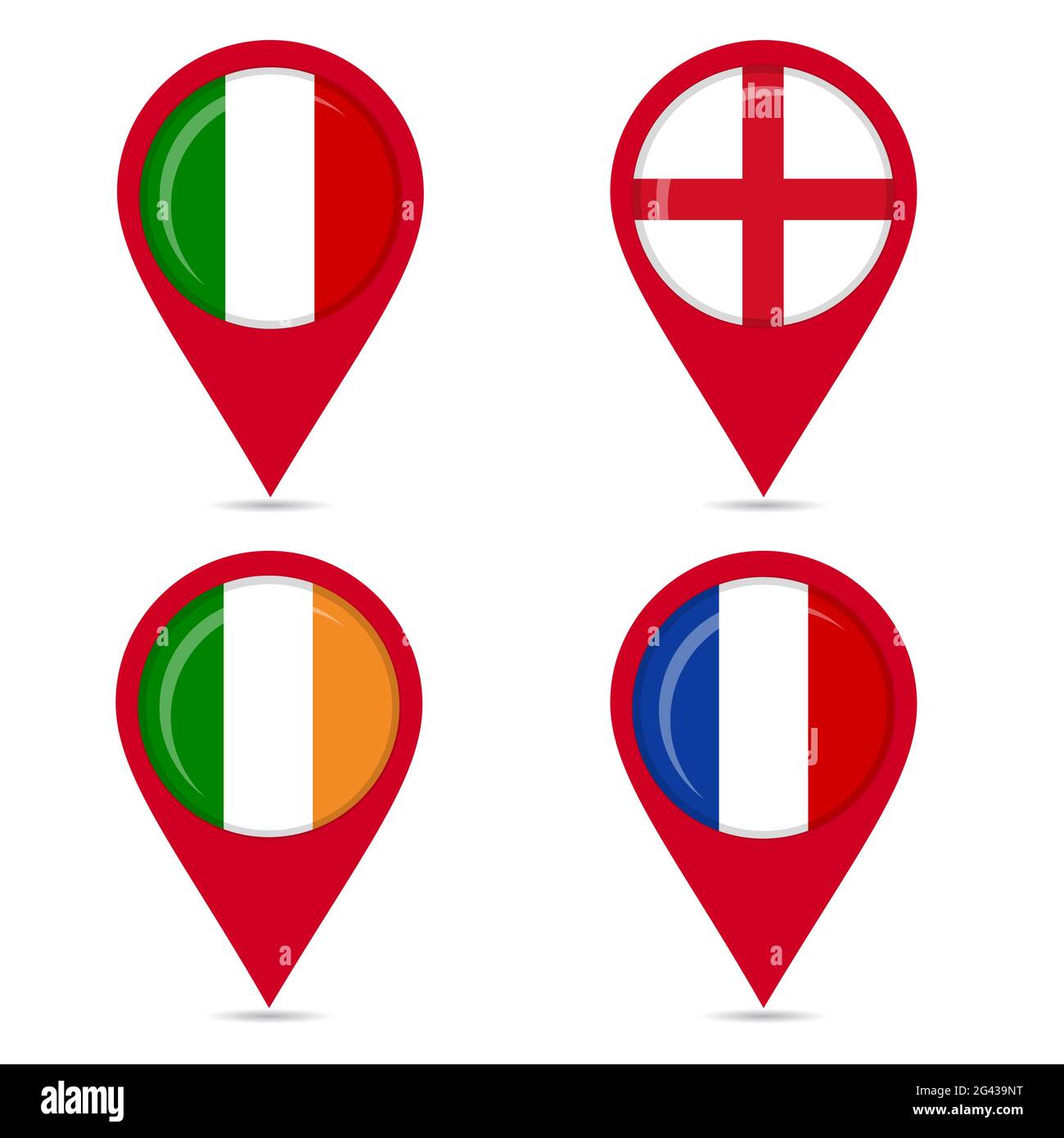 Map pin icons of national flags: Italy, England, France, Ireland. White background. Stock Vector