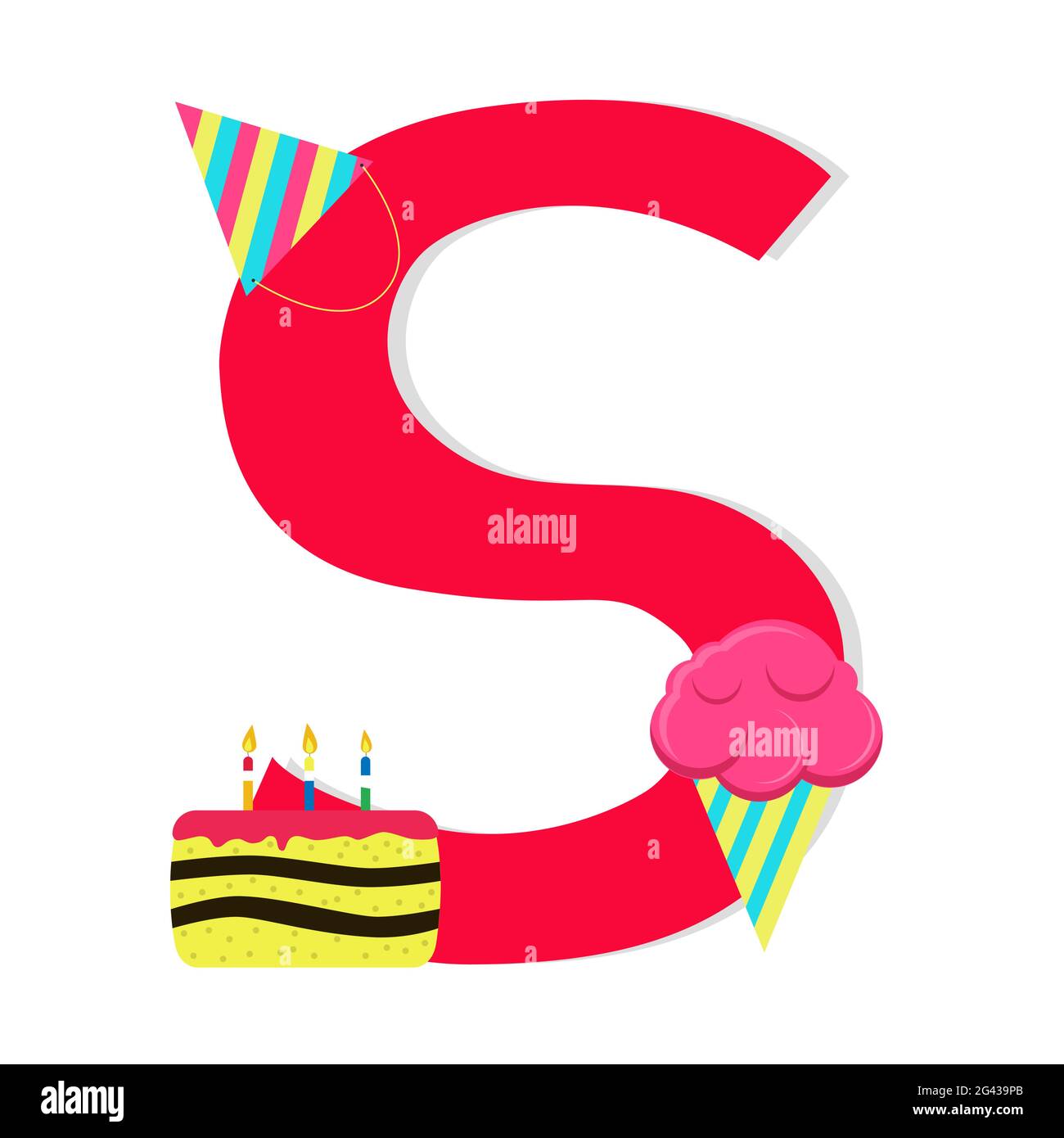 Letter 's' from stylized alphabet with candies: birthday har, birthday cake, ice cream. White background. Stock Vector