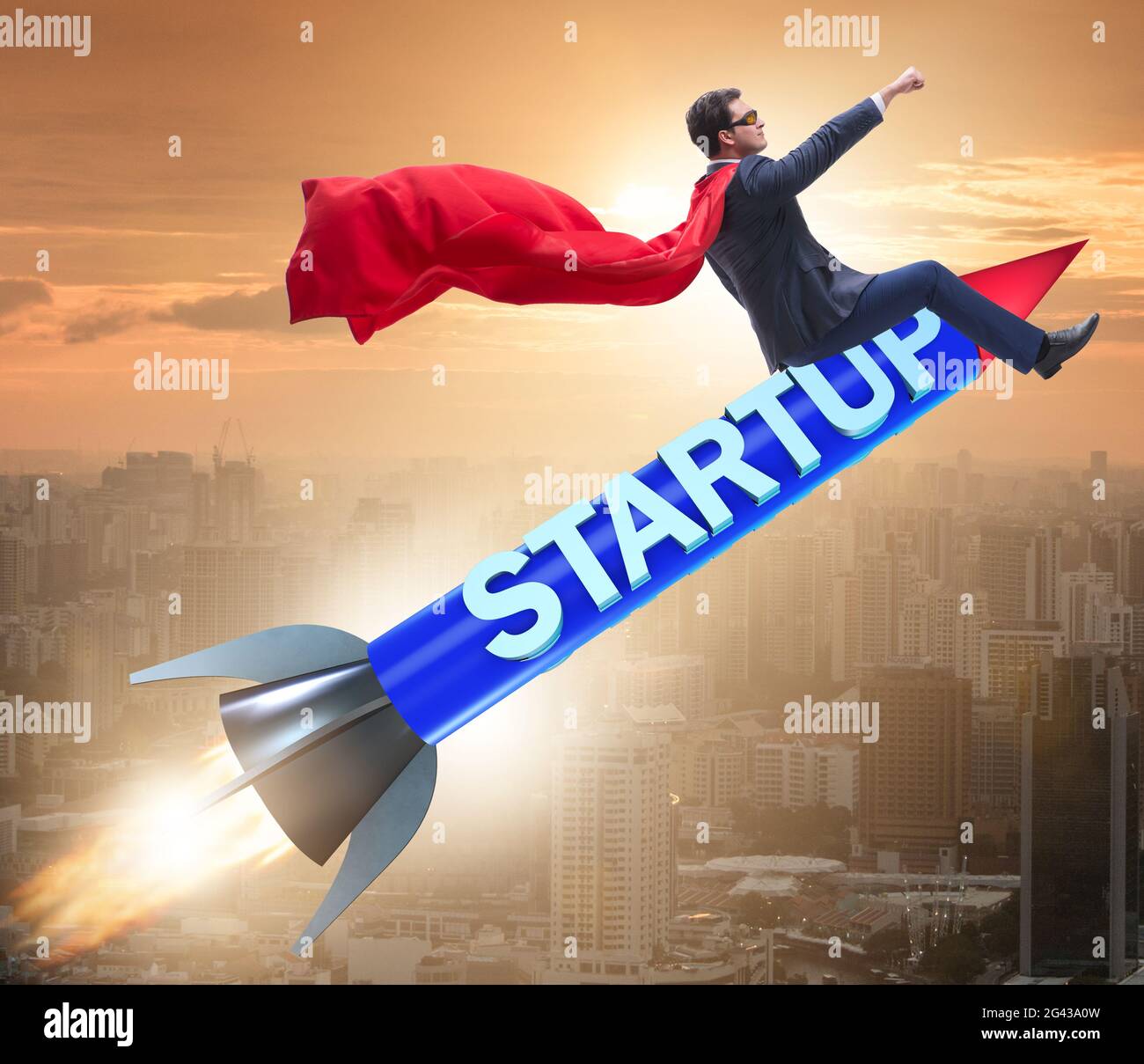 Superhero businessman in start-up concept flying rocket Stock Photo - Alamy