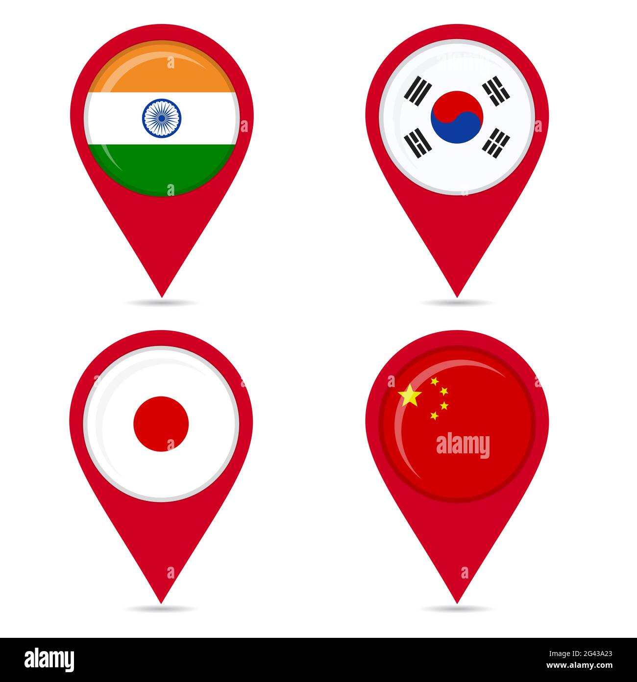 Map pin icons of national flags: india, south korea, japan, china. White background. Stock Vector