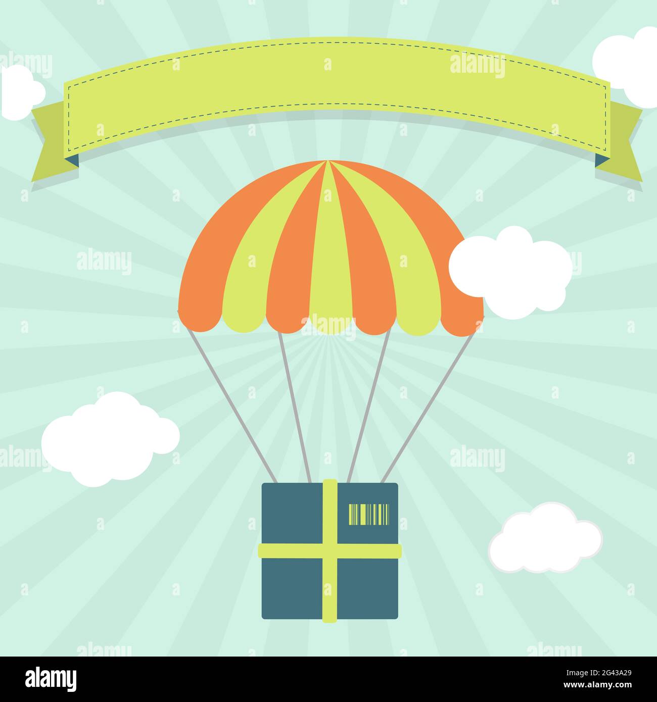 Package hanging from a parachute in the sky representing delivery, freight, shipping.  Blank ribbon for insert text. Stock Vector