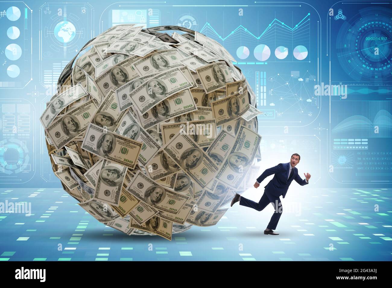 Businessman running away from dollar ball Stock Photo - Alamy