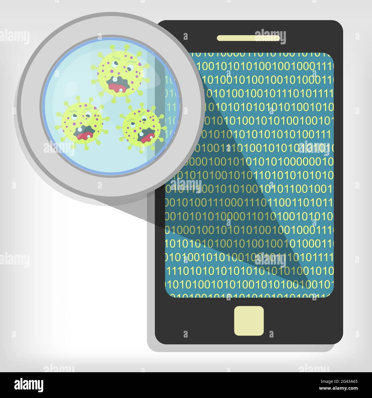 Magnifying glass showing germs on smartphone Stock Vector