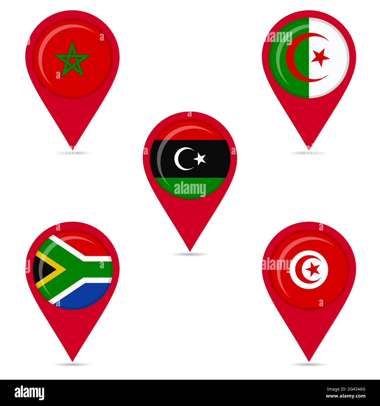 Map pin icons of national flags: morocco, south africa, tunisia, libya, algeria. White background. Stock Vector