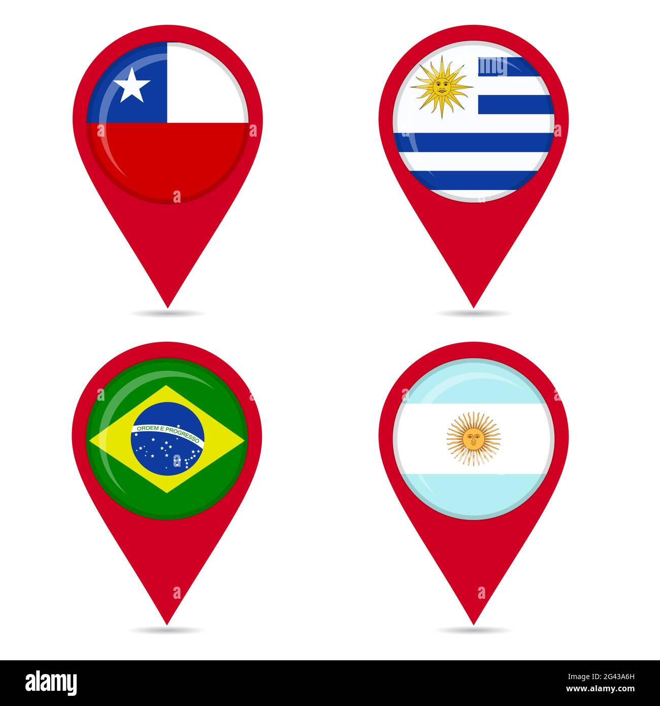 Map pin icons of national flags: Uruguay, Chile, Brazil, Argentine. White background. Stock Vector