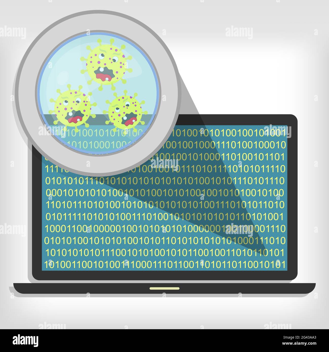 Magnifying glass showing germs on laptop Stock Vector