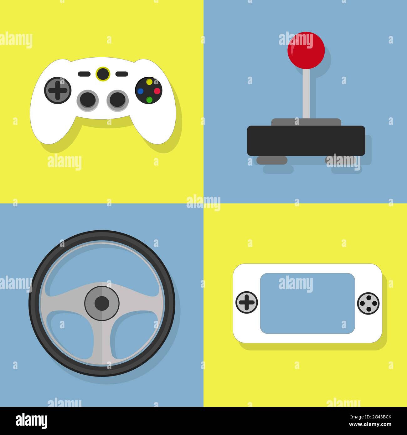Colorful icons of videogame. Joystick, controller, wheel, game pad. Stock Vector