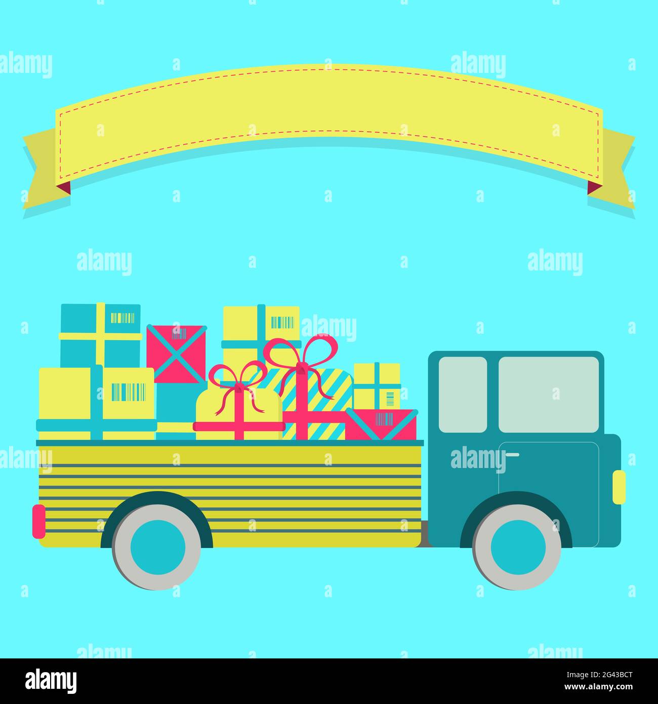 Colorful and cute truck full of packages and gifts. Blank ribbon for insert text. Stock Vector