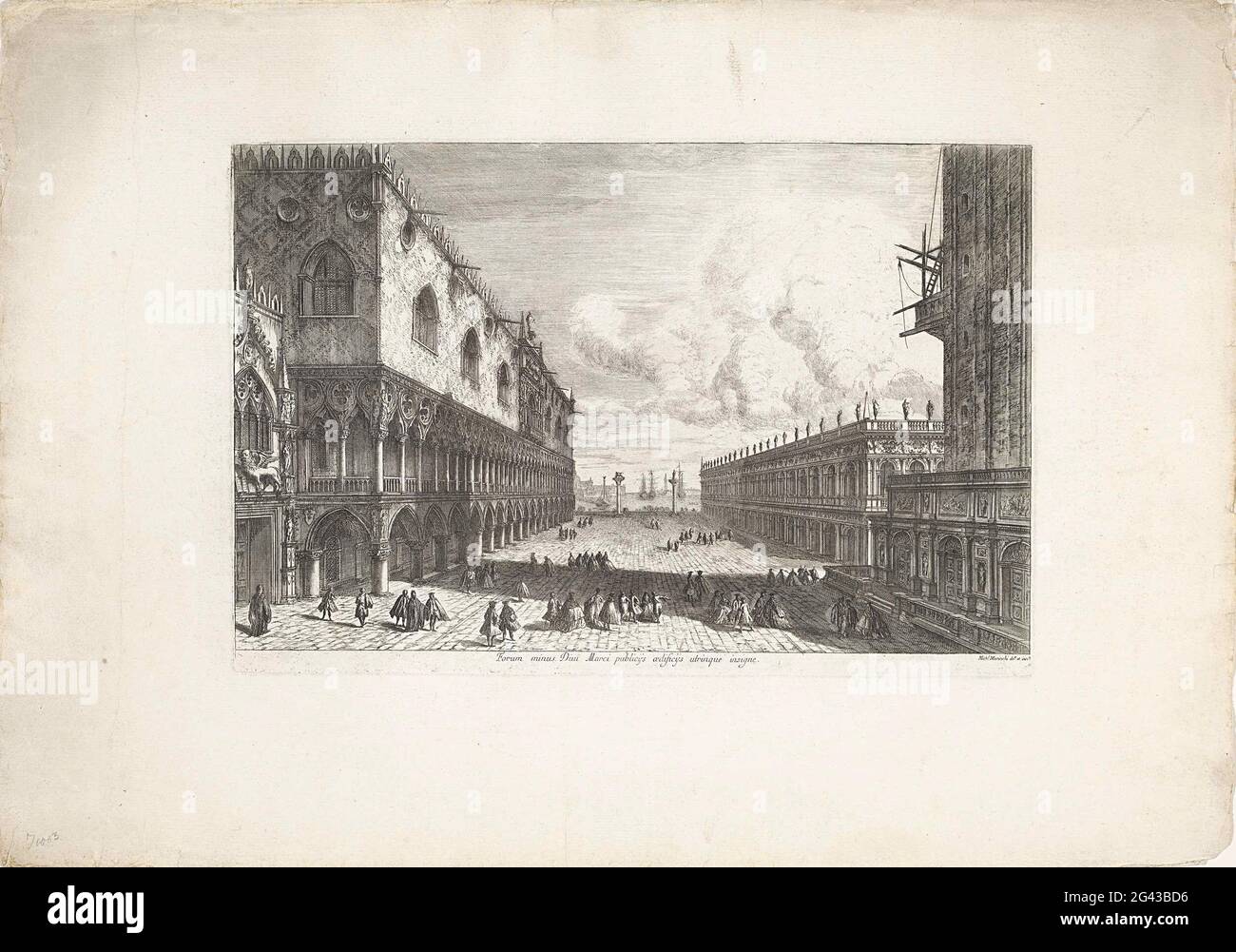Piazza San Marco in Venice; Forum Minus Divi Marci Publicijs Utrinque Insigne; Faces on Venice; Magnificentiores Selectioresque Urbis VenetiaRum Prospectus. View of the San Marco Square in Venice with the Palazzo Ducale on the left and on the right the Biblioteca Nazionale Marciana. Stock Photo