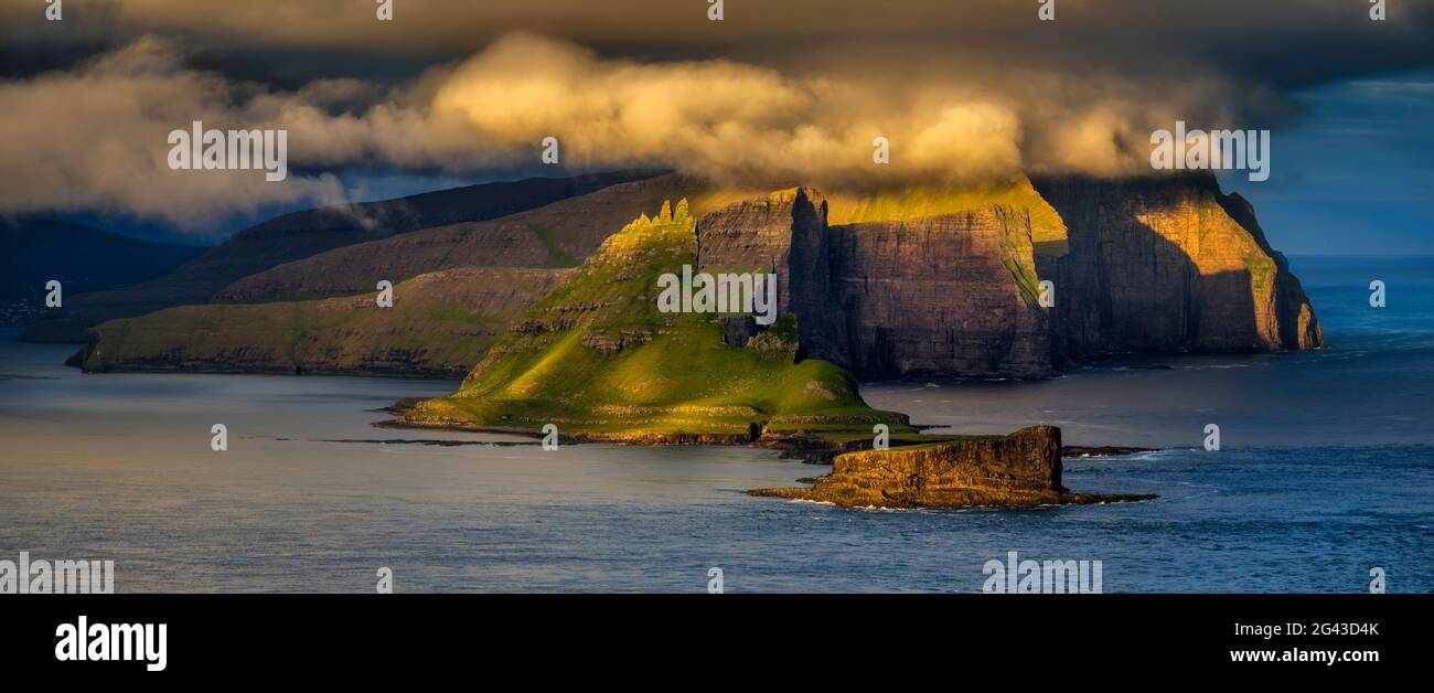 Landscape with Vagar and Tindholmur islands at sunset, Faroe Islands ...