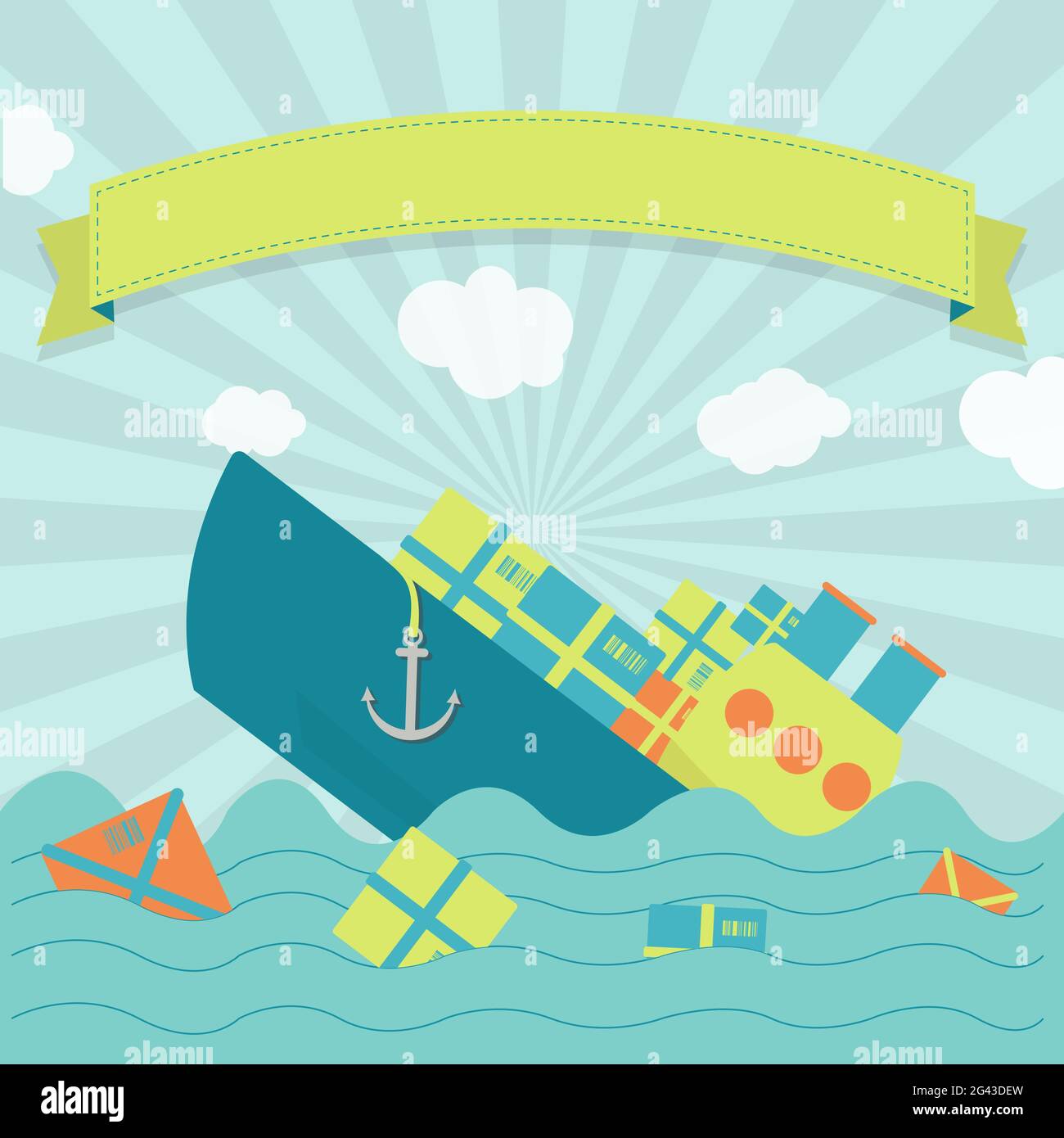 Cute cargo ship sinking. Packages and goods floating on the sea. Blank ribbon for insert text. Stock Vector