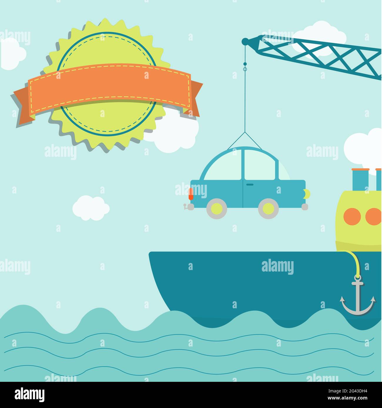 Crane loading car into the freighter. Blank stamp for insert text. Stock Vector