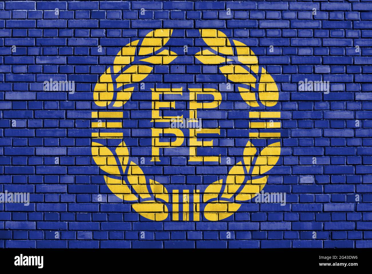 Old flag of European Parliament painted on brick wall Stock Photo