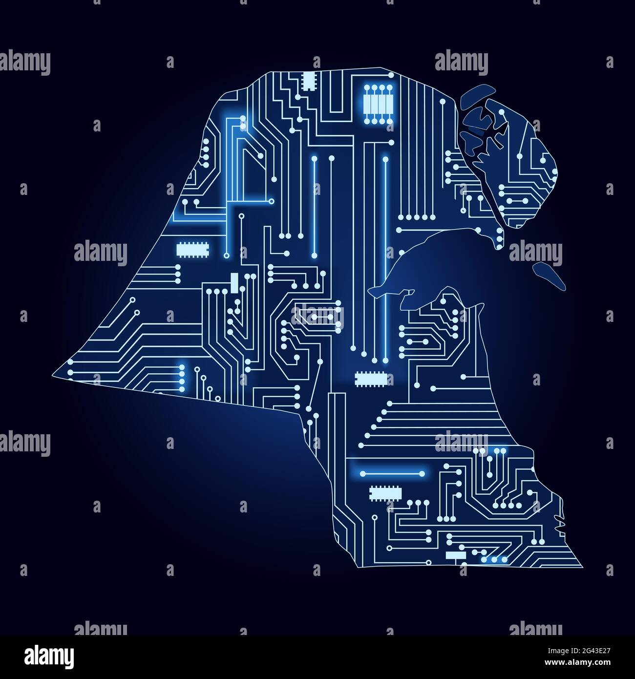 Contour map of Kuwait with a technological electronics circuit. Stock Vector