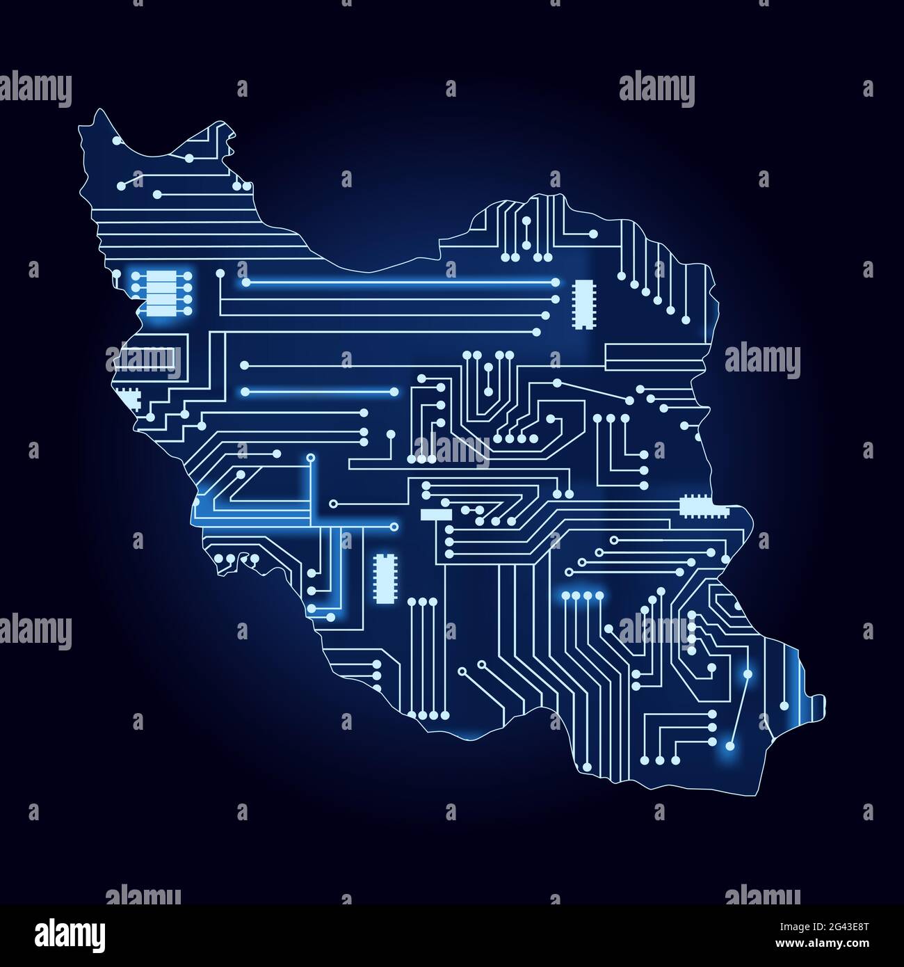 Contour map of Iran with a technological electronics circuit Stock