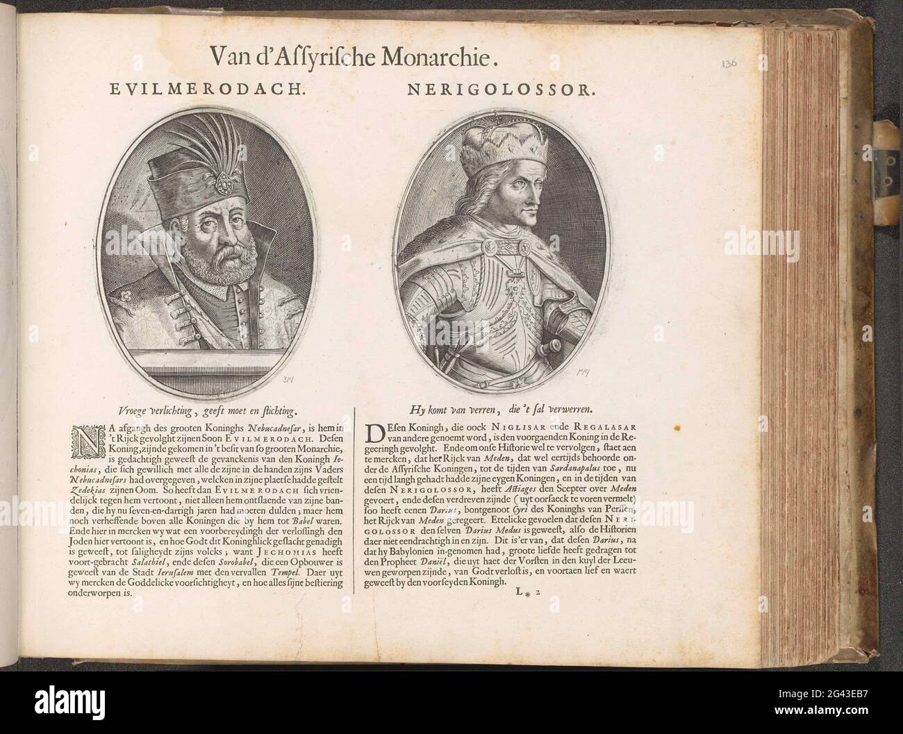 Portraits of the Kings Evil-Merodach and Neriglissar; From d'Assyrian monarchy; Den Grooten Emblemata Sacra, consisting of more than four hundred by Belsche figures, as des old as des Nieuwen Testaments. Portraits of Nikola Zrinski and Sigismund from Tirol, in this album used as images of Evil-Merodach and Neriglissar respectively. The accompanying text starts with a small decorated initial N. The magazine is part of an album. Stock Photo