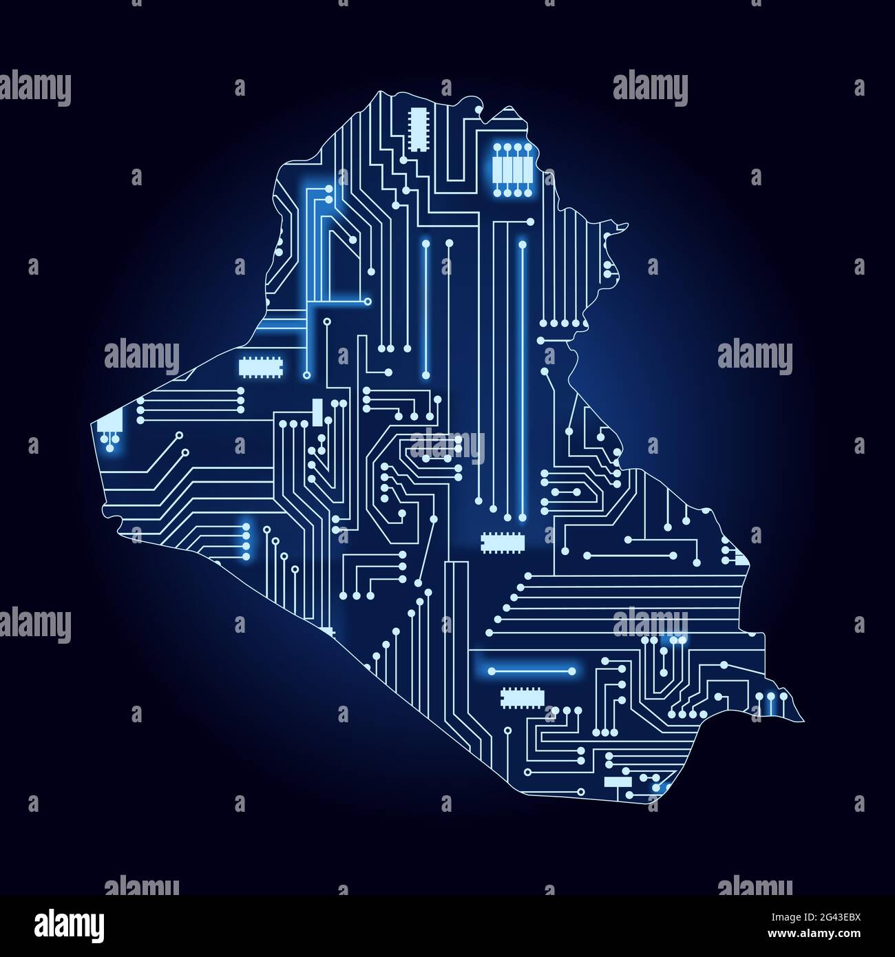 Contour map of Iraq with a technological electronics circuit. Stock Vector