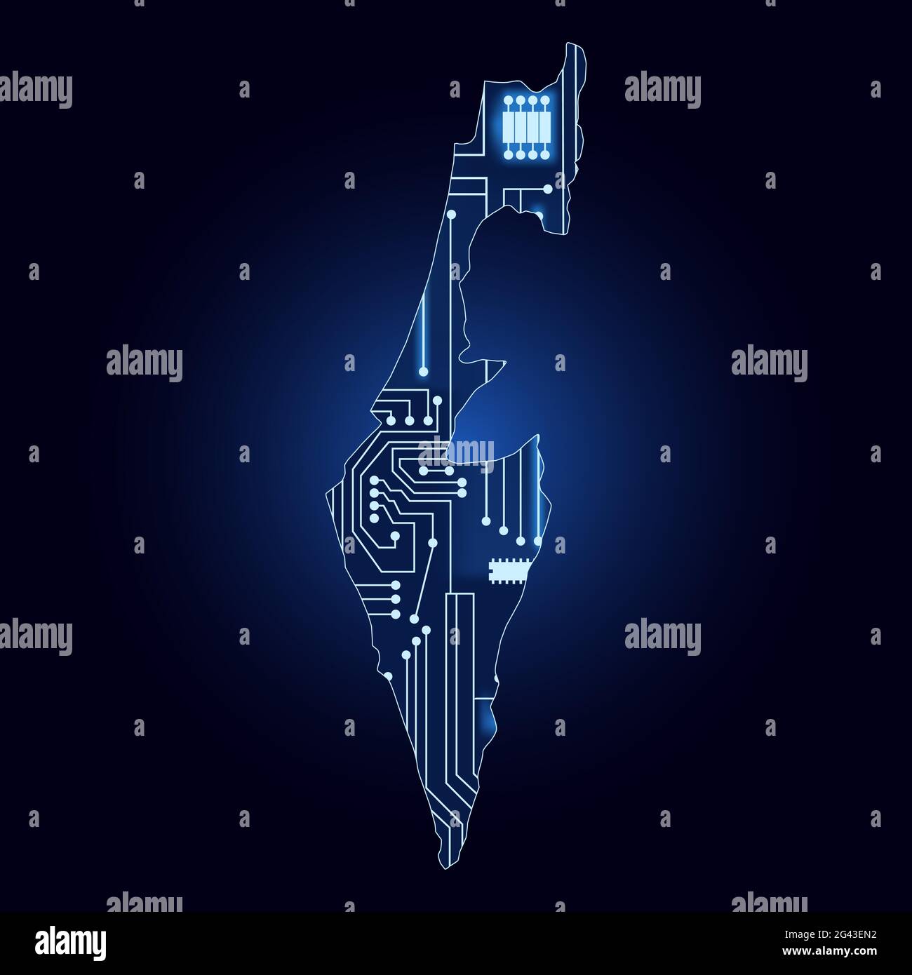 Contour map of Israel with a technological electronics circuit. Stock Vector