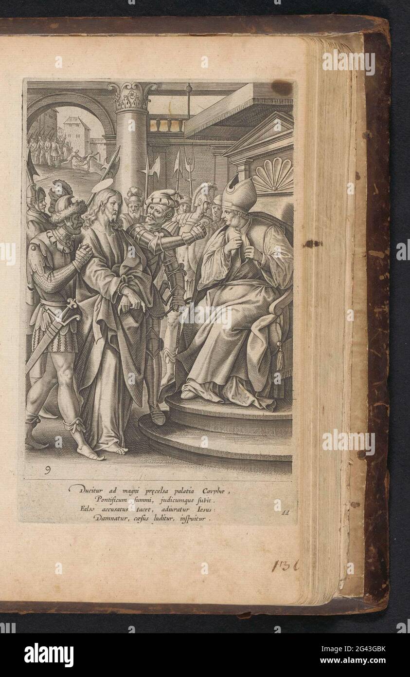 Christ voor Kajafas then priceps priest tore his clothes, saying blasphemy  (titel op object) Christ, held by soldiers before Caiaphas. Right To hond.  Manufacturer : printmaker: Gaspar Huybrechts (listed building) printmaker  Joannes