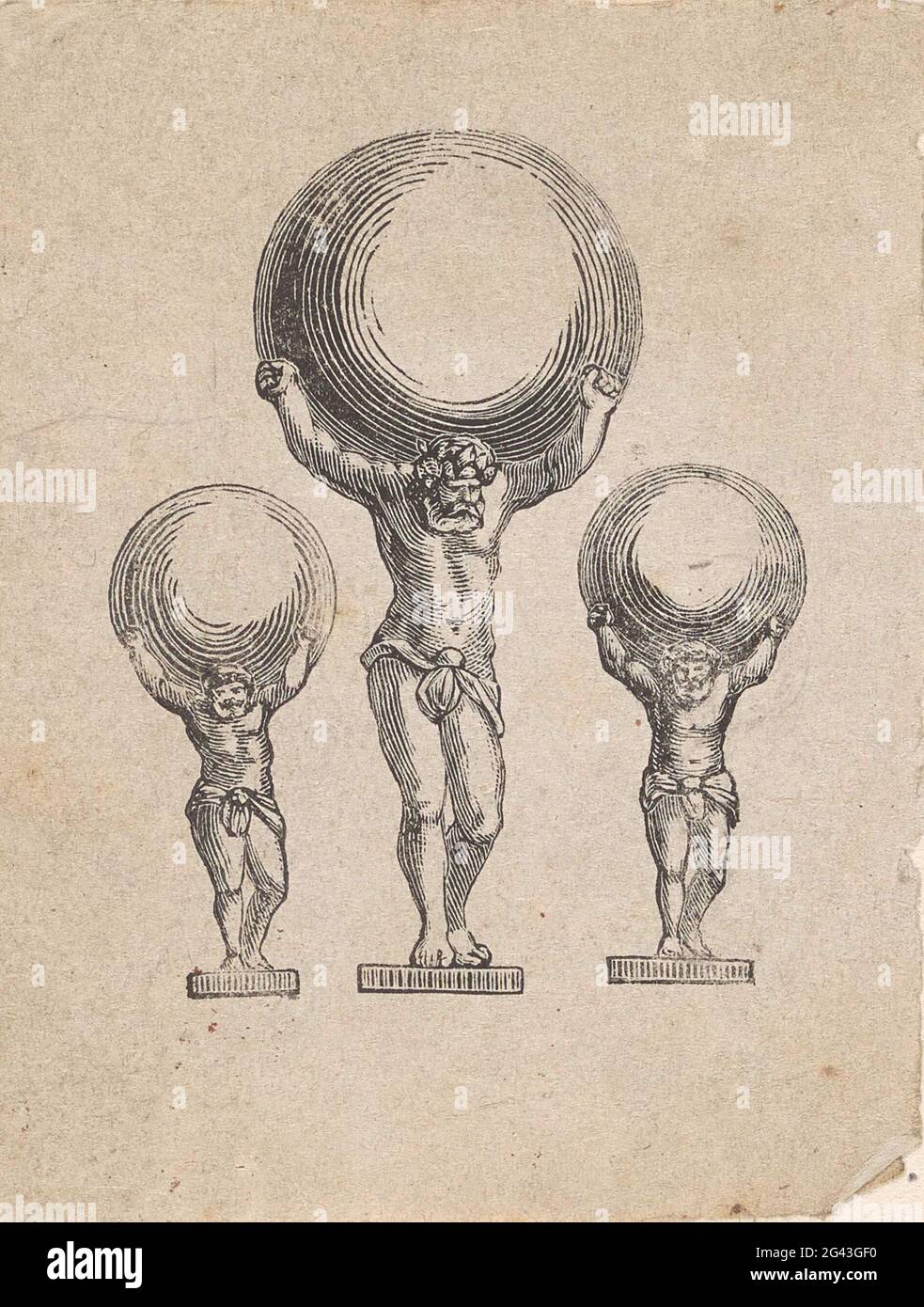 Three statues of Atlas carrying the world on his shoulders Stock Photo ...
