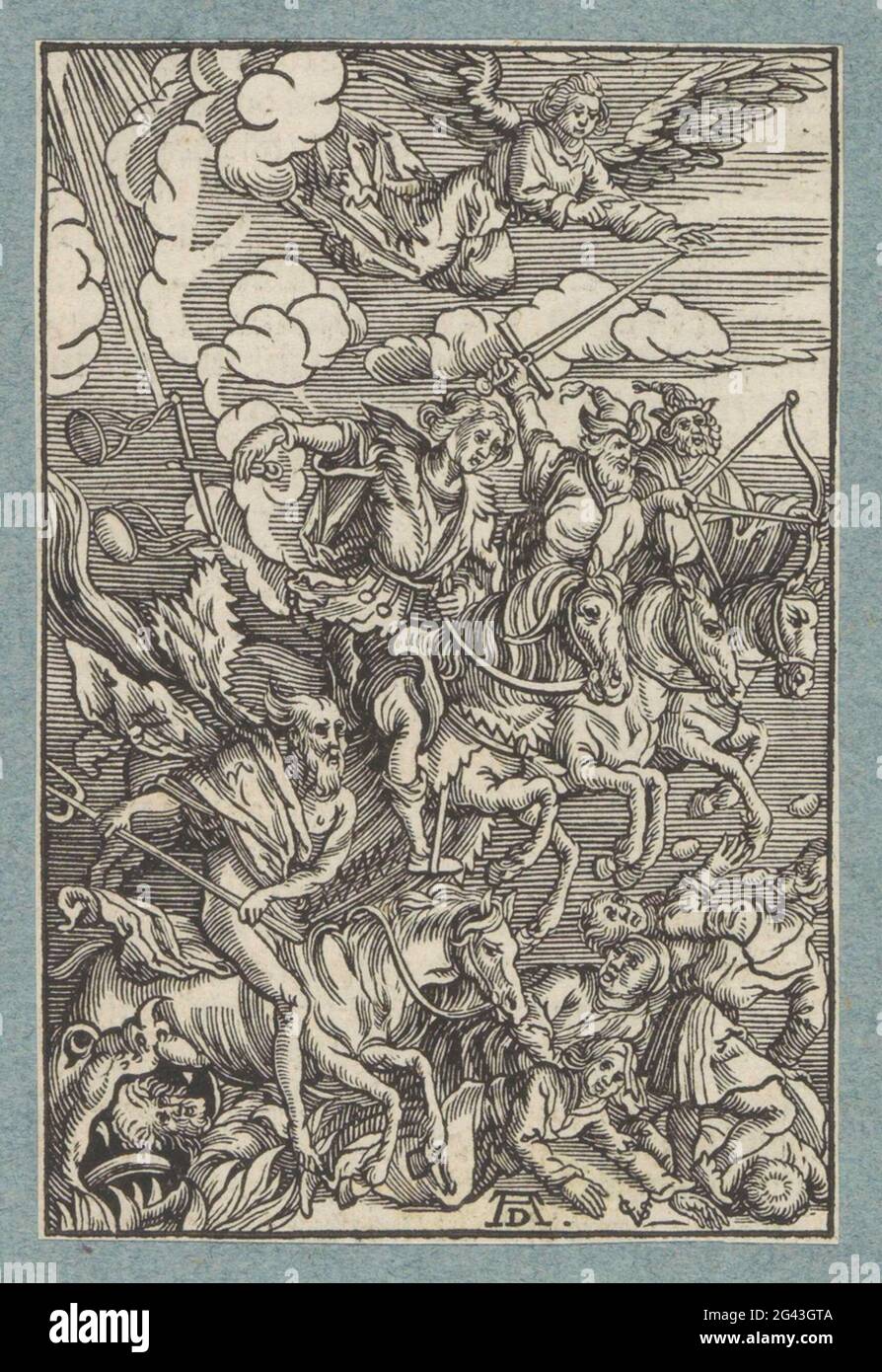 The four riders of the apocalypse. Four men on horseback, armed with an arrow and bow, a sword, a scales and a riek, people walk under the foot. An angel above that. The print is part of an album. Stock Photo