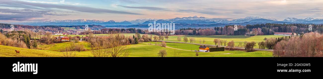 Aschbacherhöhe, mountain, Alps, Alpine foreland, panorama, Feldkirchen-Westerham, Bavaria, Germany Stock Photo