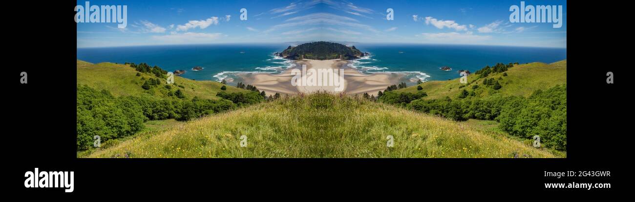 Landscape with coastline and beach with mirror effect, Cascade Head, Oregon, USA Stock Photo