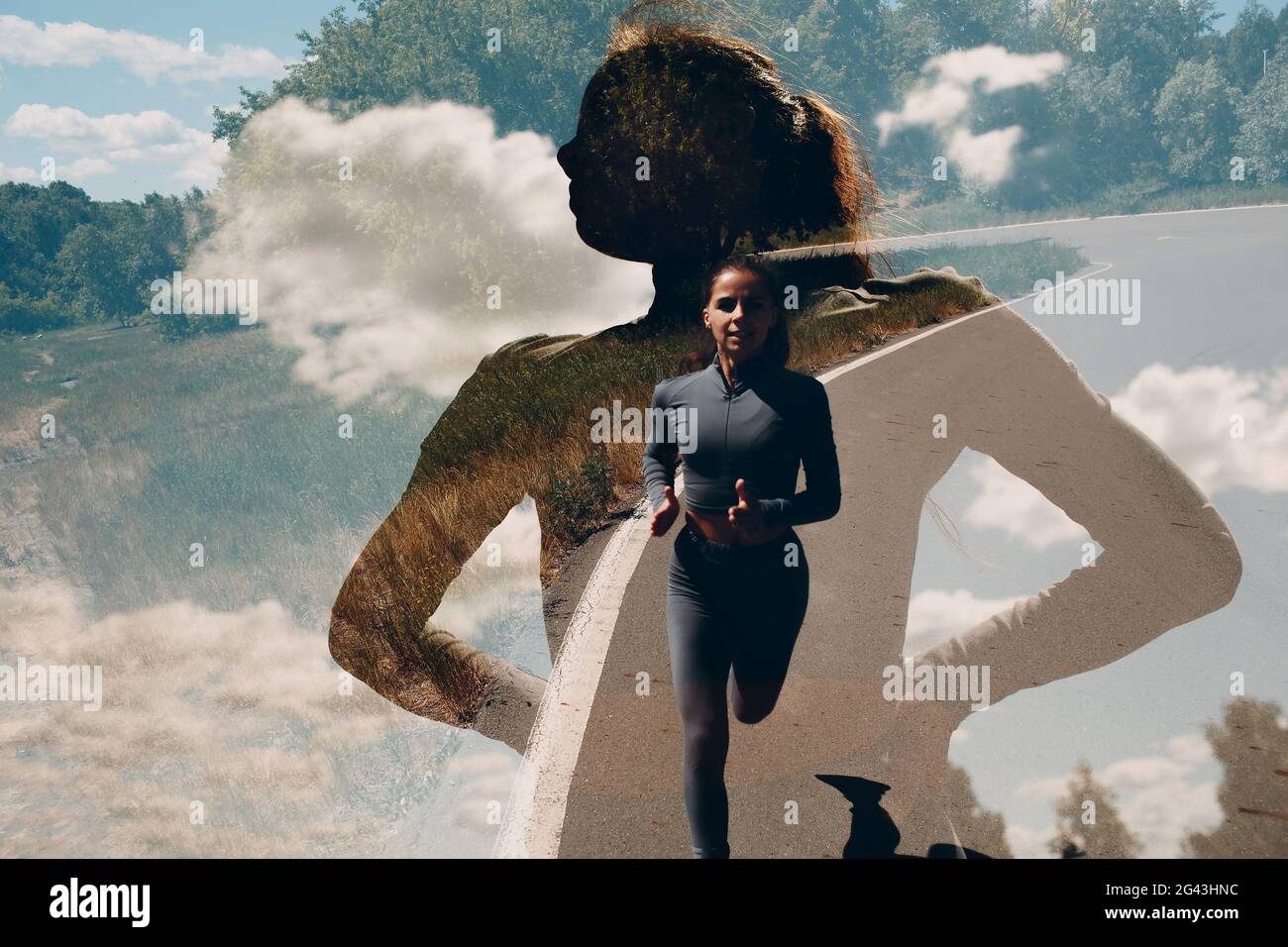 Running girl in city park. Young woman runner outdoor jogging. In-camera multiple exposure image. Stock Photo