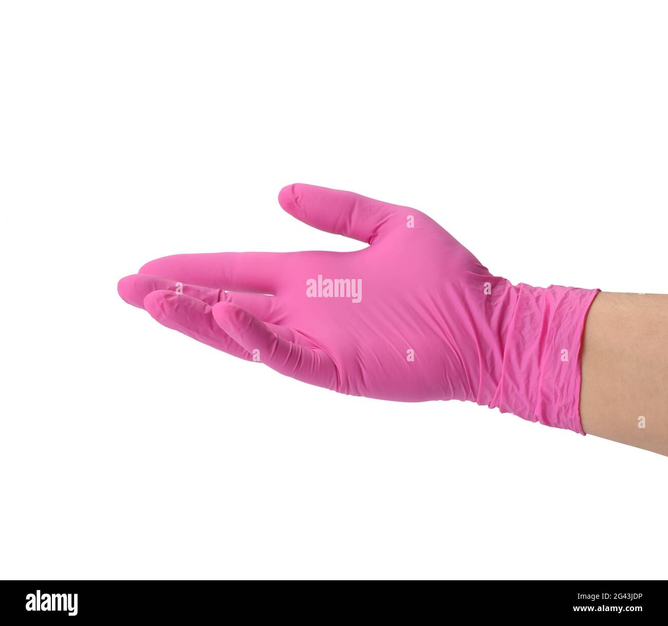 Female hand in a pink latex glove on a white background Stock Photo