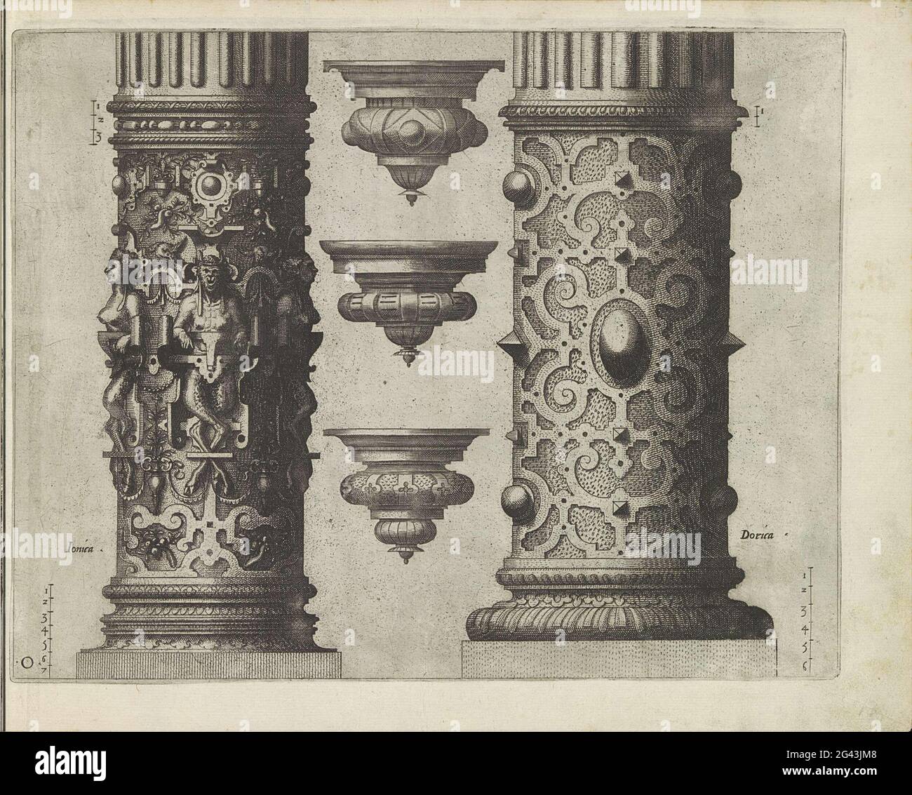 Two 'columnaeaelatae' and three consoles; The first Boeck Ghemaeckt on the two Colomba Dorica and Ionica. Two 'columnaealatae'. On the left the lower half of an ionic column decorated with Saters, caught in rollerwork. On the right the lower half of a doric column with fitting work and slender stones. Three consoles in the middle. A scale has been indicated twice on the print. Leaf O. The print is part of an album. Stock Photo