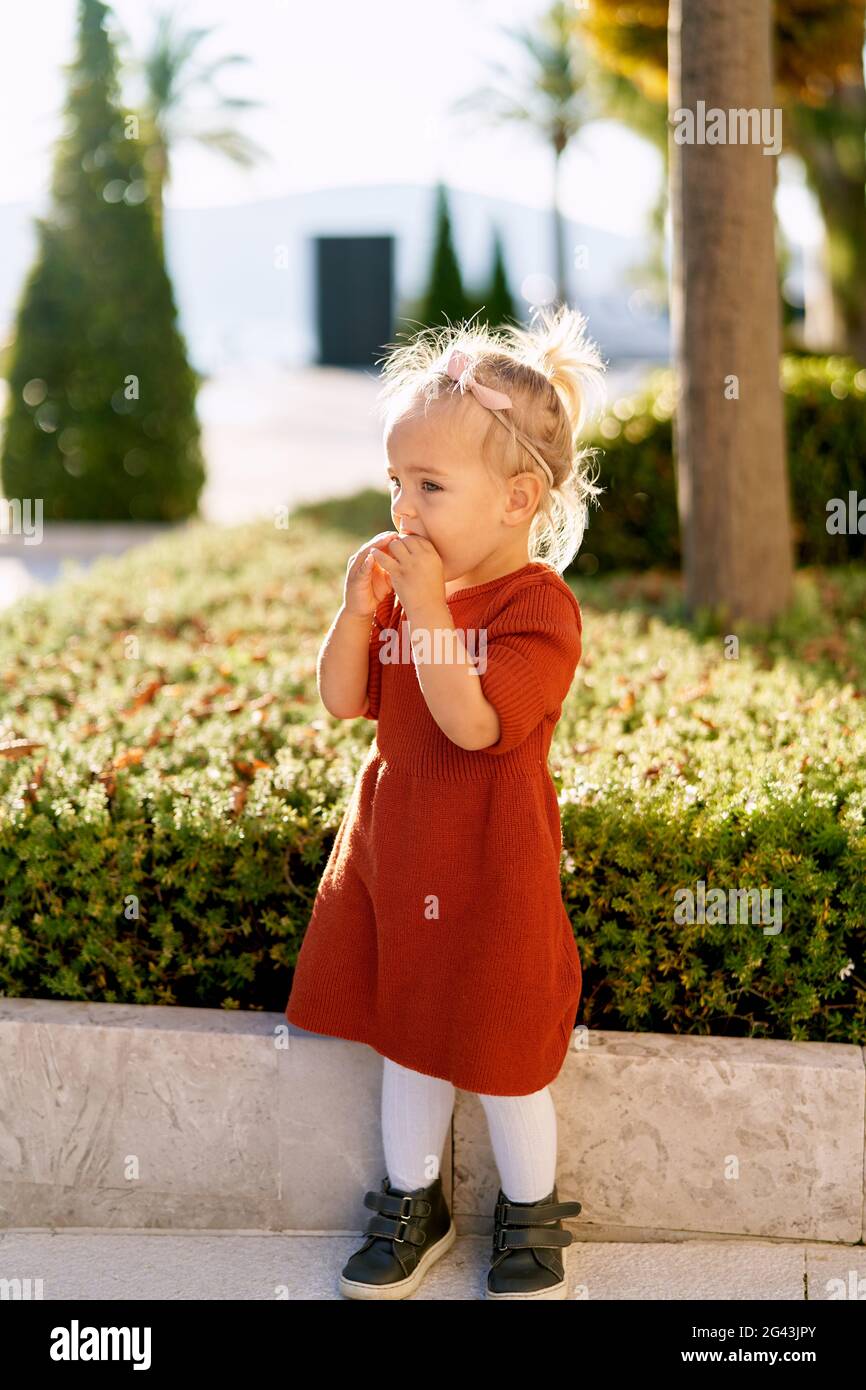 Pretty little girl in a terracotta colored dress and white tights is snacking on a pie in a park on a sunny day Stock Photo