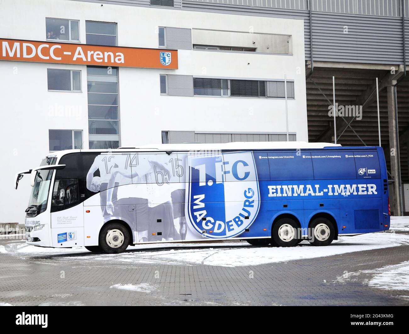 Team bus with club logo 1.FC Magdeburg DFB 3rd league season 2020-21 Stock Photo